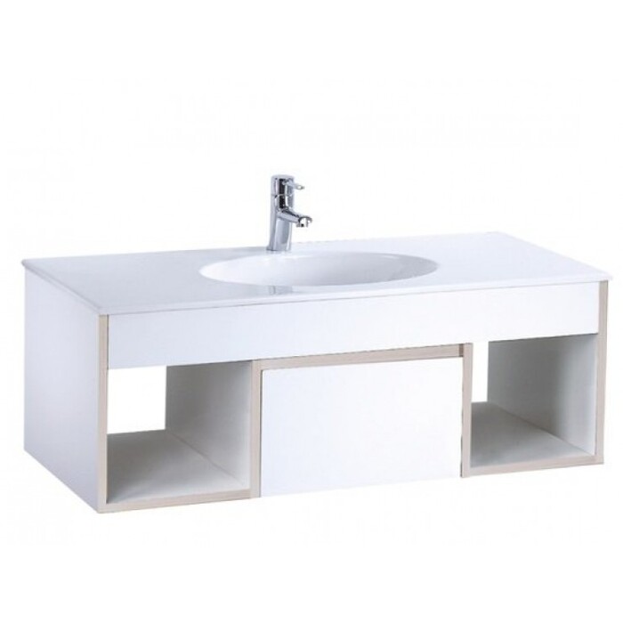 Bộ tủ lavabo treo tường màu trắng viền vân gỗ Caesar LF5028_EH05028DDV