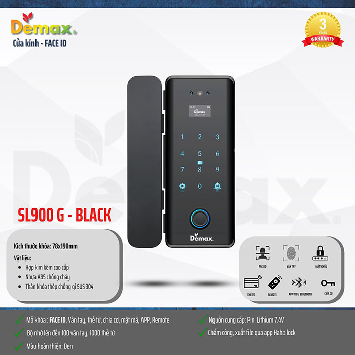 Khóa cửa kính Demax SL900 G-BLACK