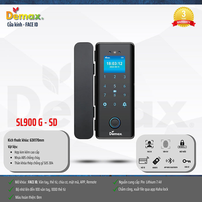 Khóa cửa kính Demax SL900 G - SD